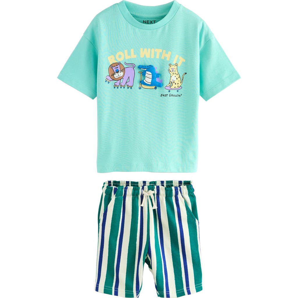 Next Kids' 3d Gator Cotton Graphic T-shirt & Striped Shorts Set In Green