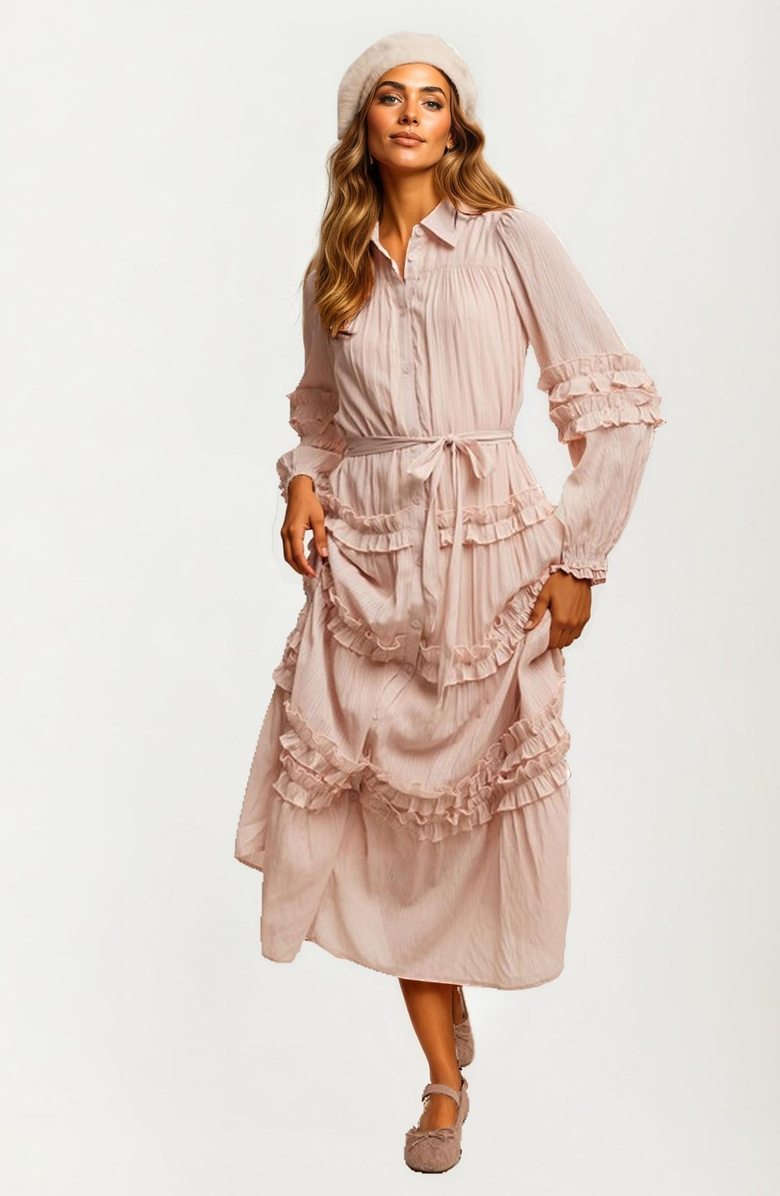 Knit and Lounge Ruffle Tiered Maxi Shirt Dress, Alternate, color, Blush