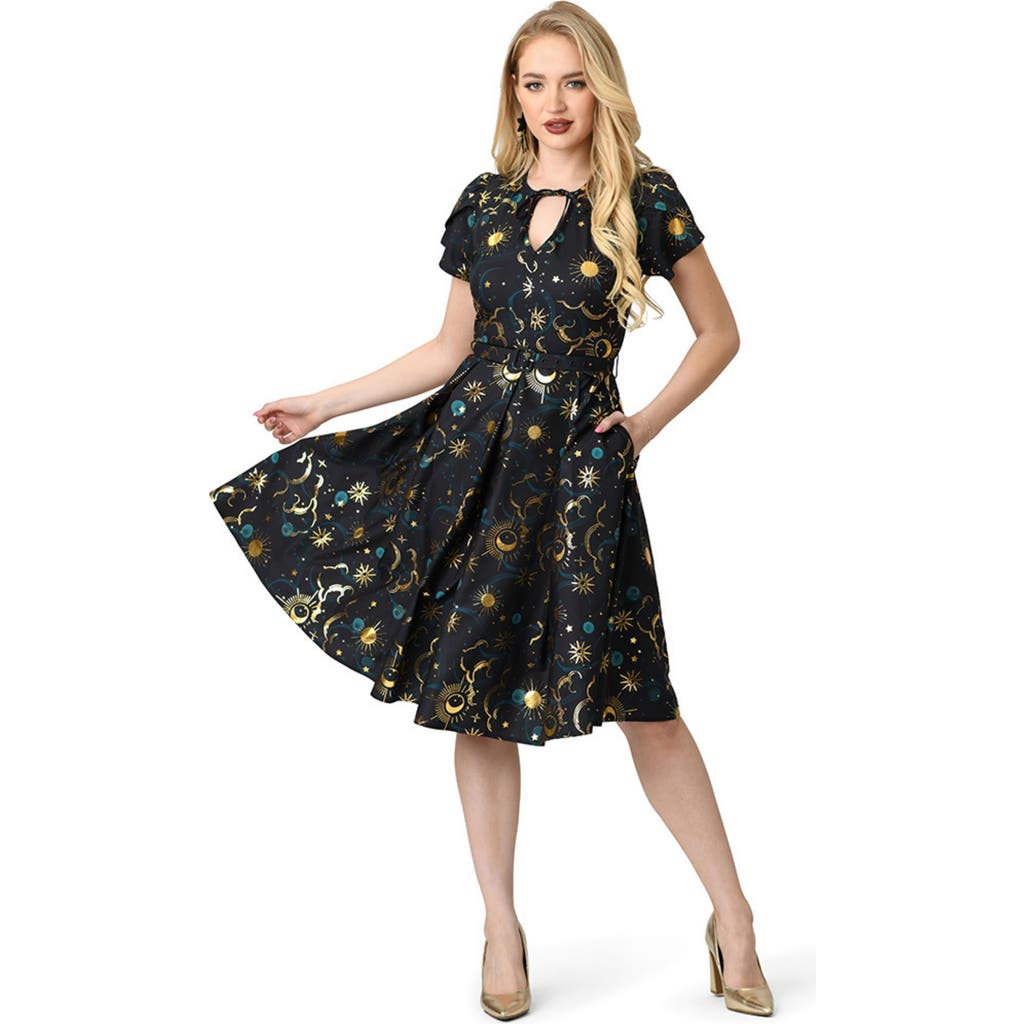 Unique Vintage Short Petal Sleeve Tie Neck Dahlia Swing Dress In Black