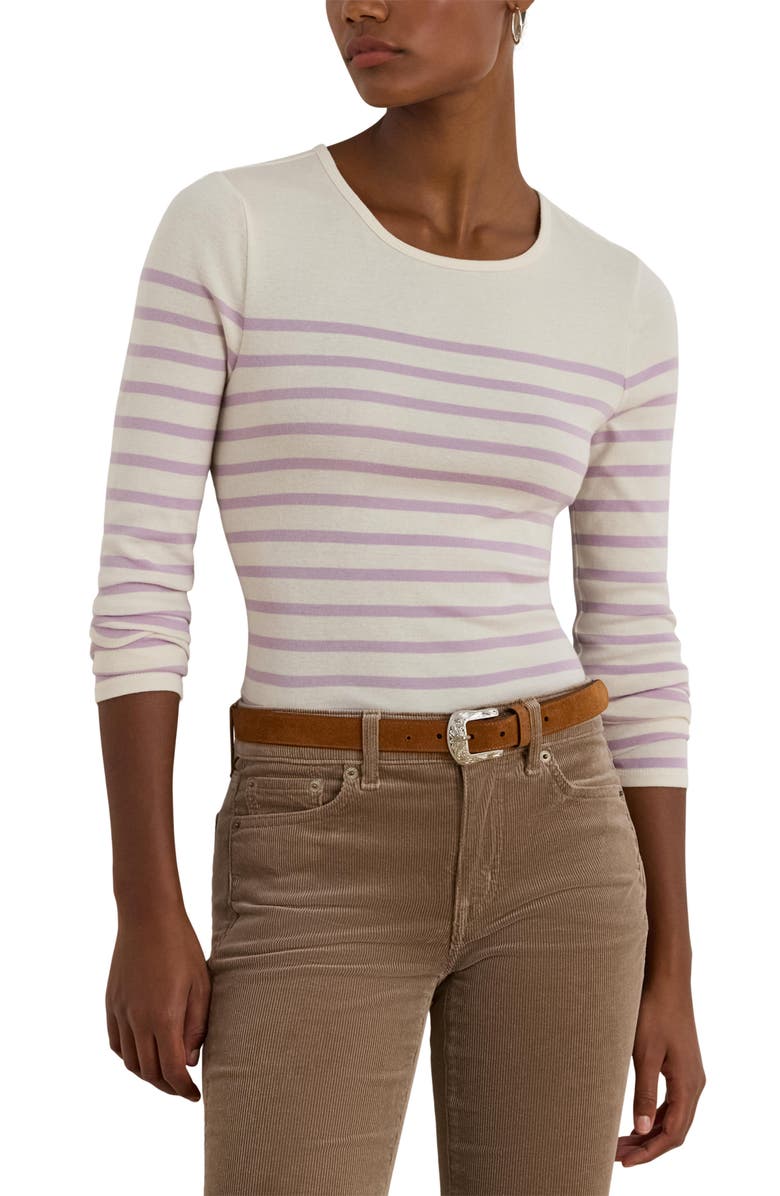 Lauren Ralph Lauren Stripe Long Sleeve Cotton Top, Main, color, Masc Cream/ Lavender Frost