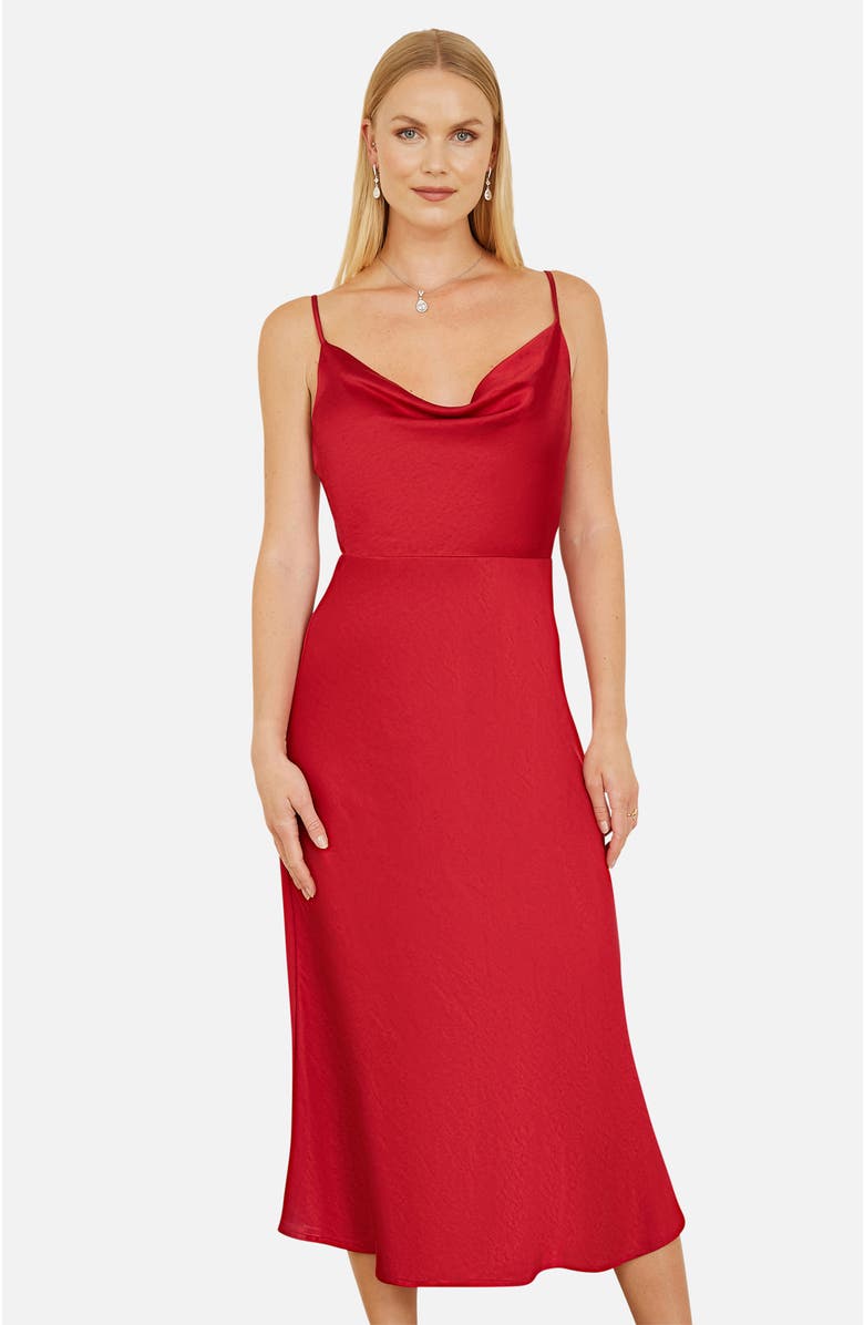 Yumi Satin Cowl Neck Midi Dress, Alternate, color, Red