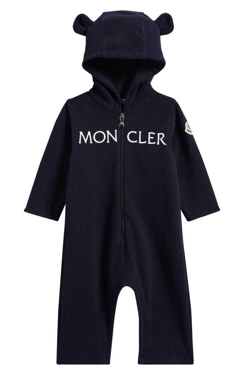 Moncler Ear Appliqué Hooded Fleece Romper, Main, color, Blue Navy