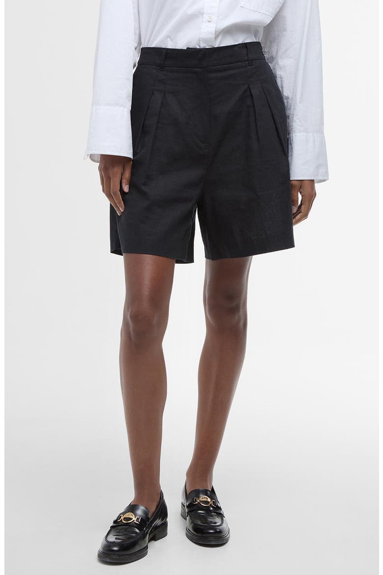 Luna Pleated Cotton & Linen Shorts, Main, color, BLACK
