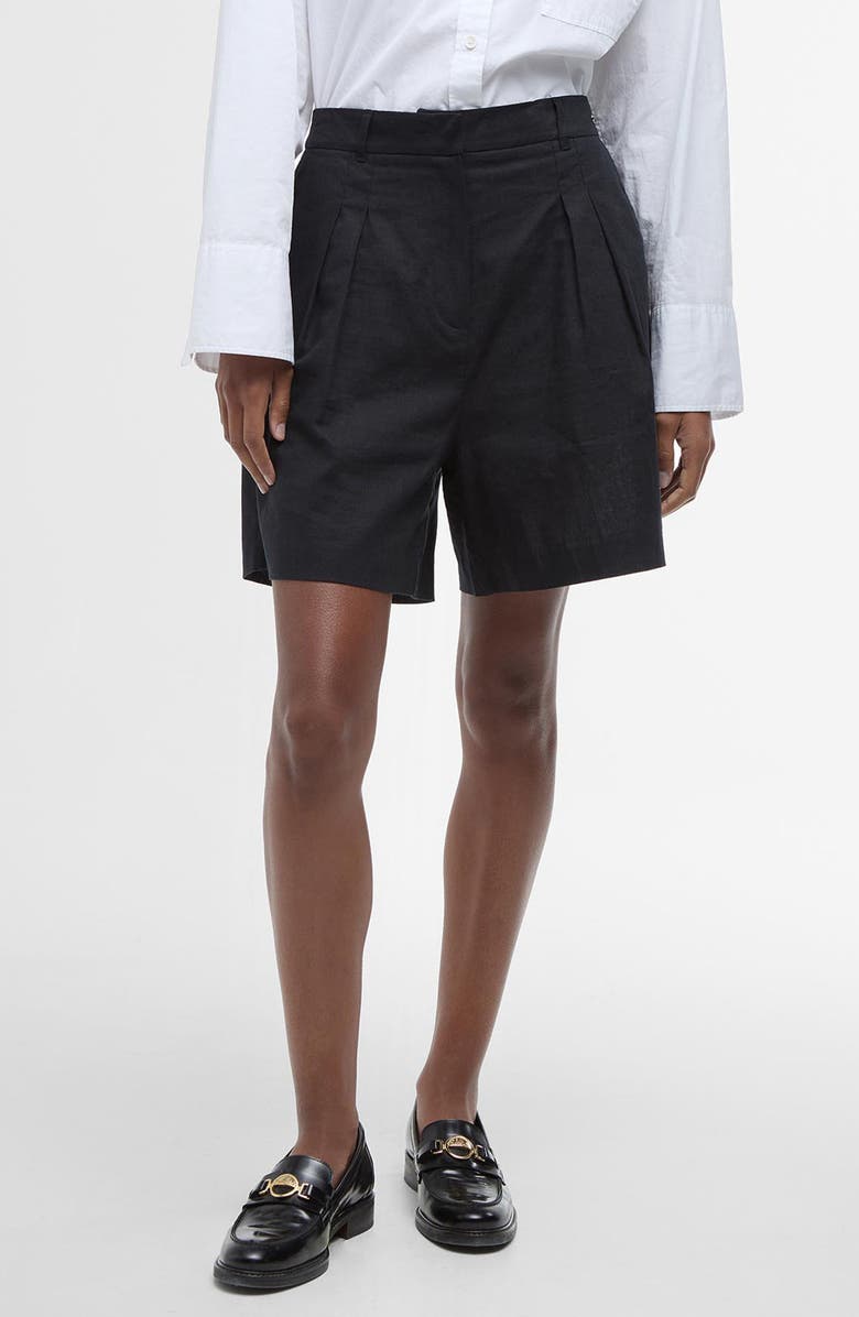 Barbour Luna Pleated Cotton & Linen Shorts, Main, color, Black