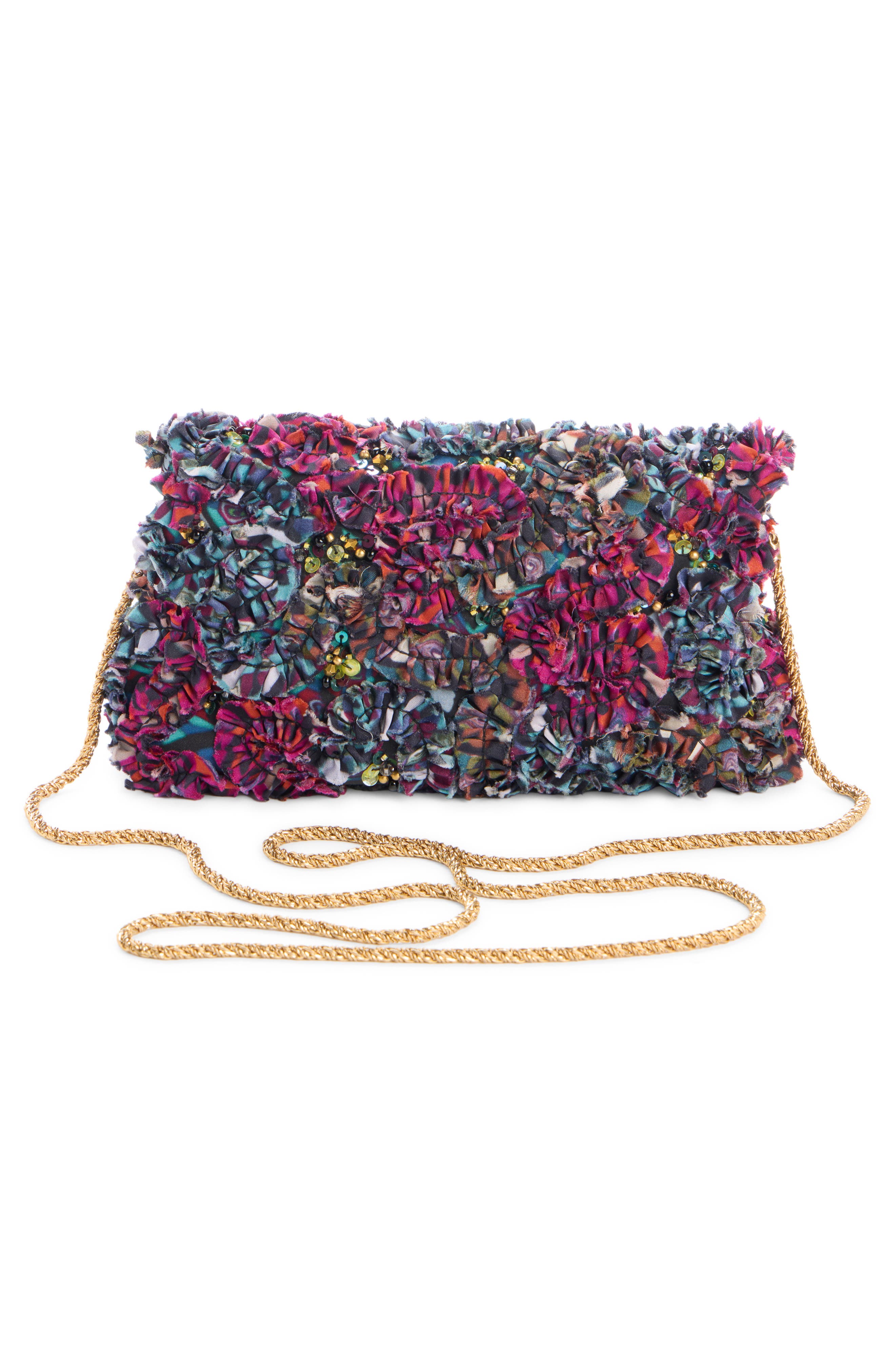 Mini Embroidered Ruffle Envelope Clutch, Alternate, color, PETROL 508