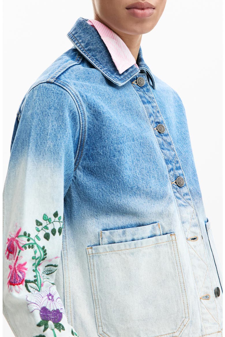 Floral Embroidered Denim Trucker Jacket, Alternate, color, MEDIUM BLUE
