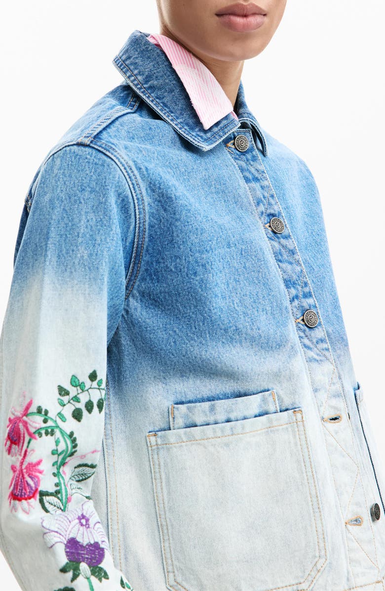 Desigual Floral Embroidered Denim Trucker Jacket, Alternate, color, Medium Blue