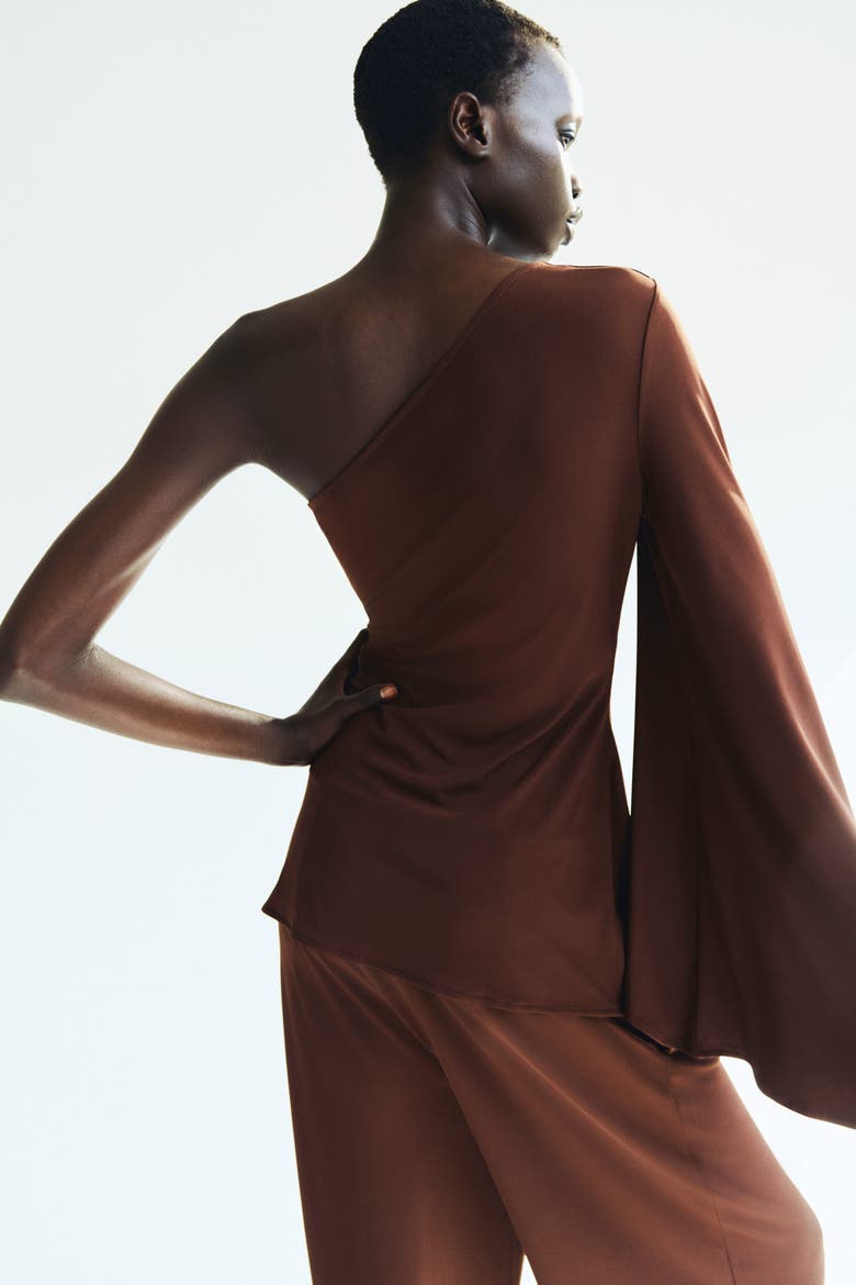 Draped One-shoulder Top, Alternate, color, Dark brown