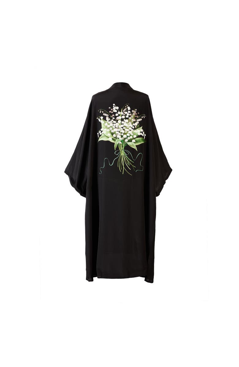 Silk&Soul Lily Of The Valley Silk Robe, Alternate, color, Black
