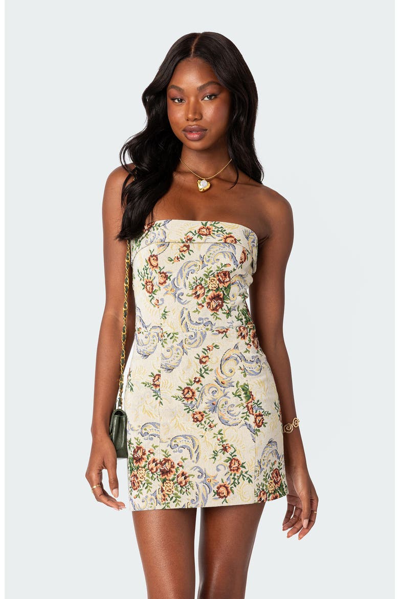Floral Tapestry Lace-Up Back Strapless Minidress, Alternate, color, CREAM