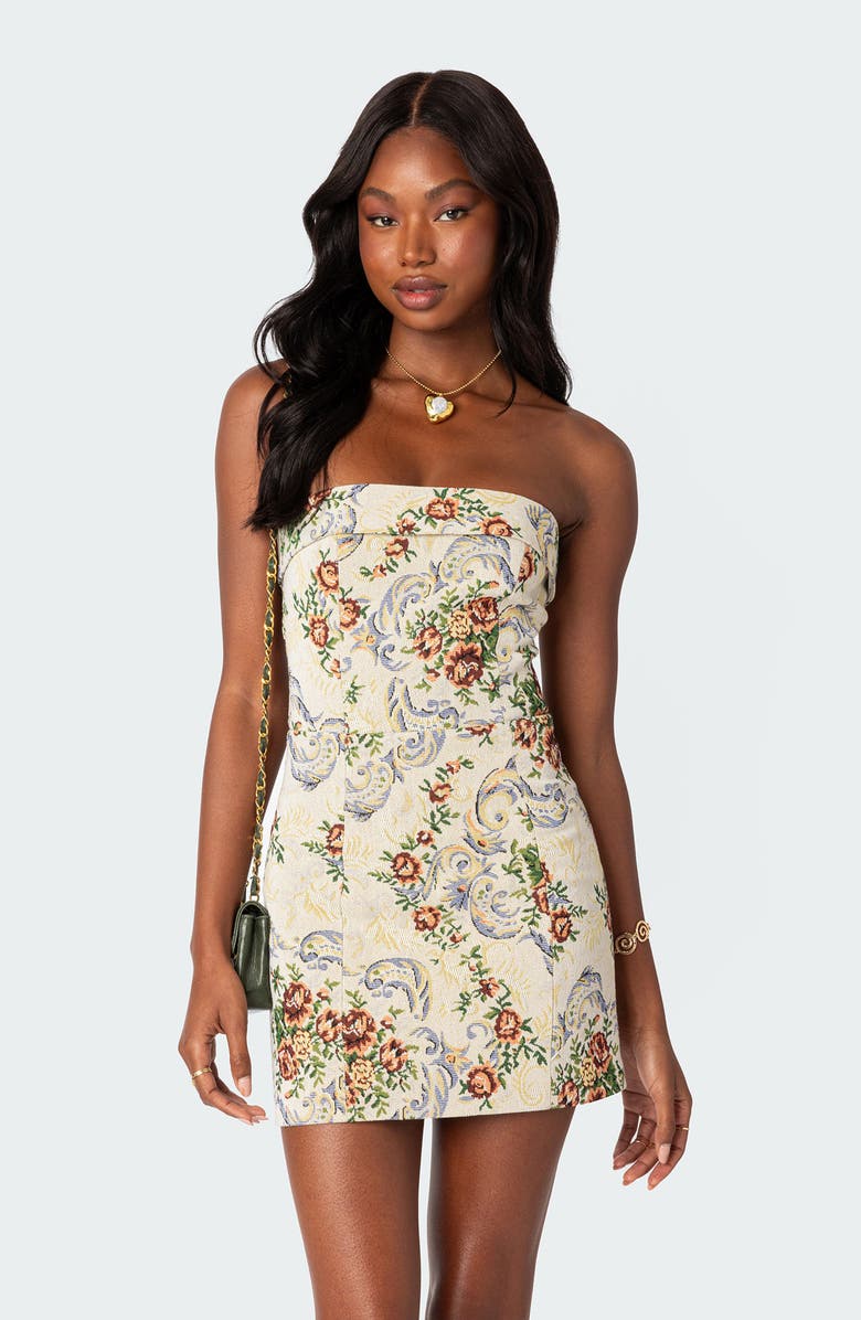 EDIKTED Floral Tapestry Lace-Up Back Strapless Minidress, Alternate, color, Cream