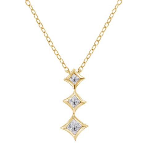 10K Gold 1/5 Cttw Princess Cut Diamond 3 Stone Drop Pendant Necklace