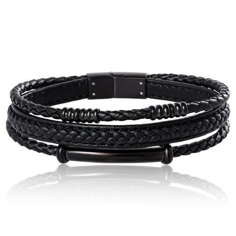 Stainless Steel Triple Row Black Cord Bracelet - 8.25"