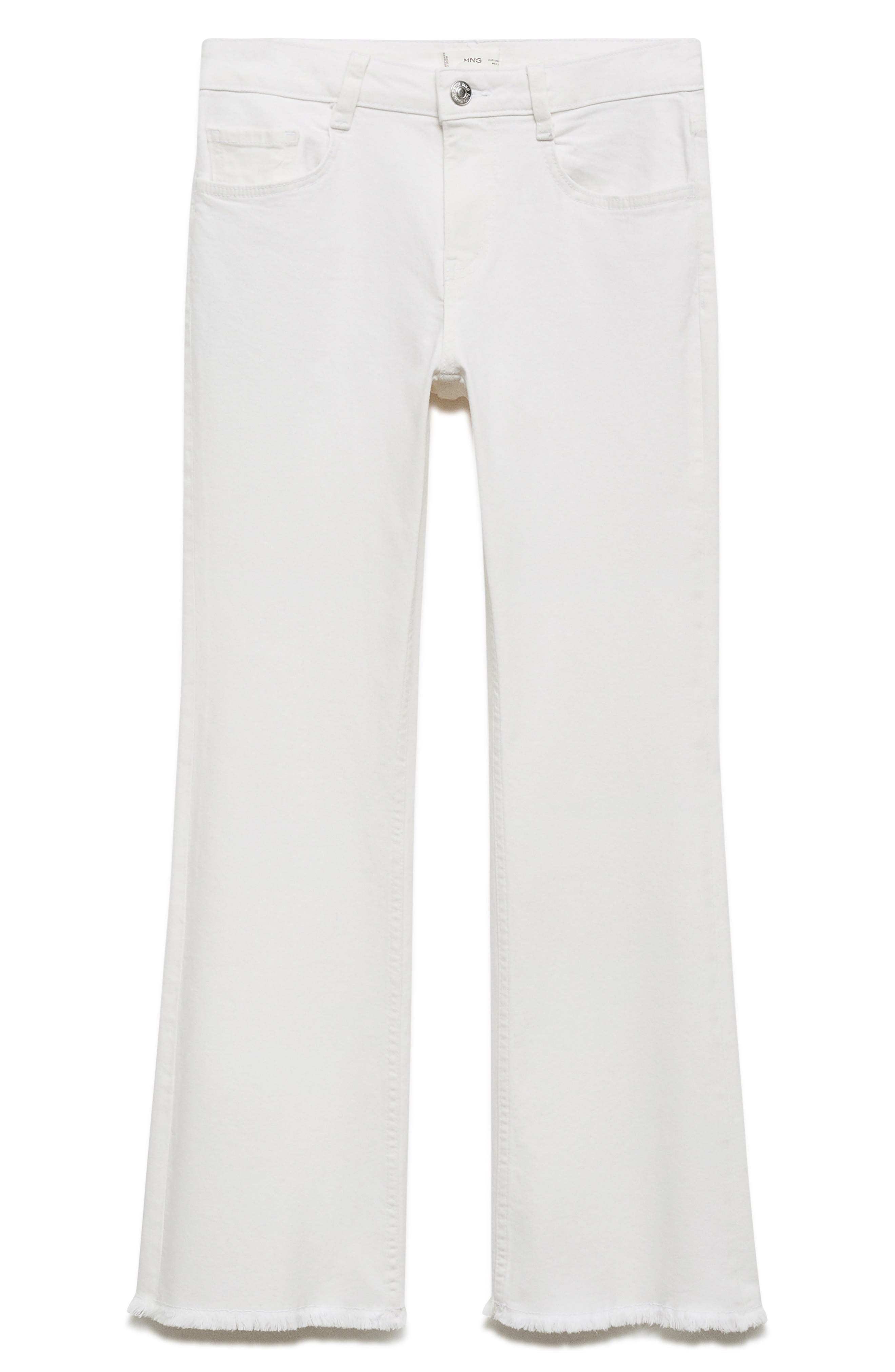 Mango Teen Frayed Mid Rise Flare Jeans In White