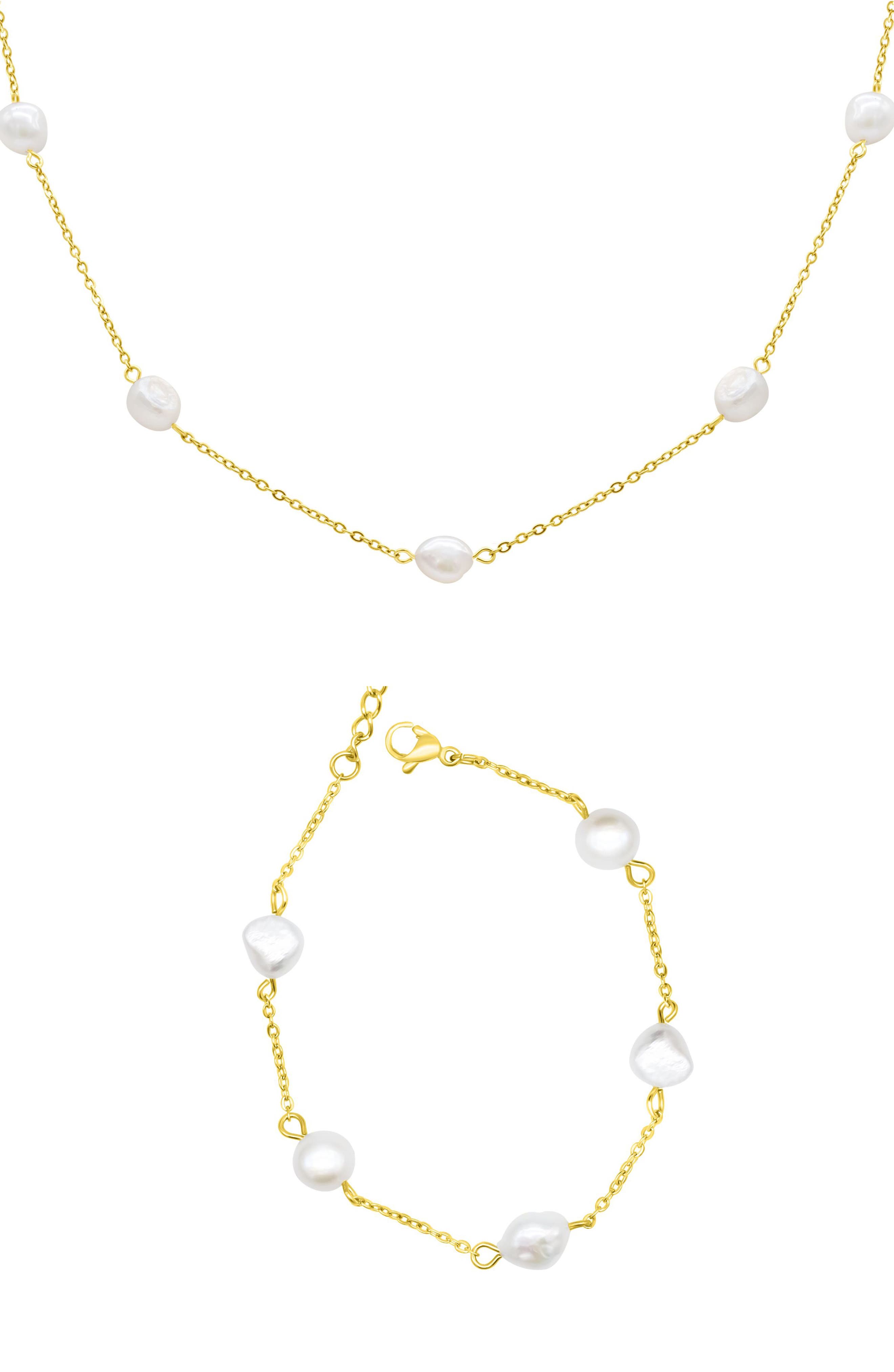 Adornia Freshwater Pearl Station Necklace & Bracelet Set