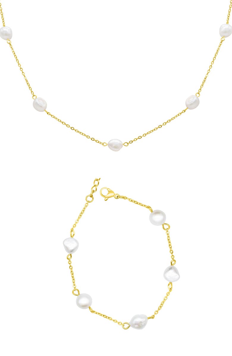 Adornia Freshwater Pearl Station Necklace & Bracelet Set, Main, color, White/ Gold