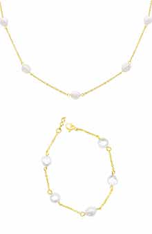 Adornia Freshwater Pearl Station Necklace & Bracelet Set