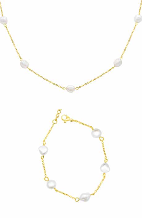 Adornia Freshwater Pearl Station Necklace & Bracelet Set