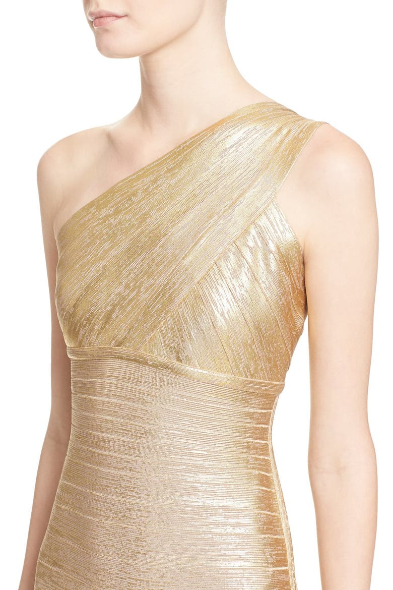 'Lilyanna' One-Shoulder Woodgrain Metallic Gown, Alternate, color, GOLD COMBO