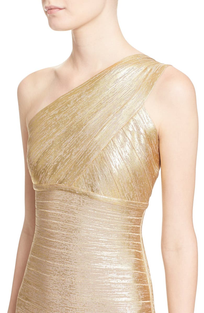 Herve Leger 'Lilyanna' One-Shoulder Woodgrain Metallic Gown, Alternate, color,