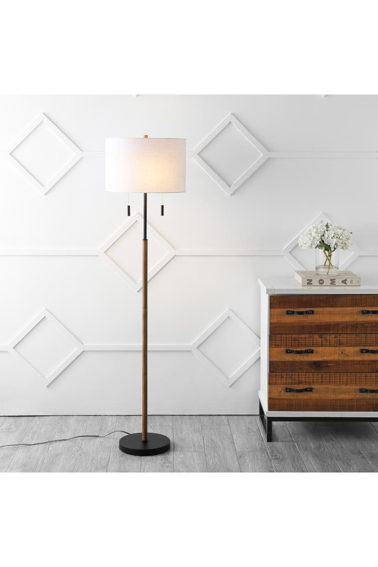 Maude Rustic Farmhouse Iron Candlestick Pull Chains LED Floor Lamp, Main, color, Brown Wood Finish/Black