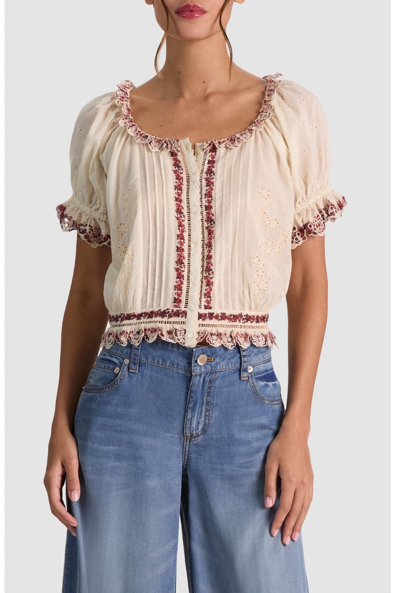 McLaine Embroidered Puff Sleeve Cropped Top, Main, color, ORCHARD GLOW