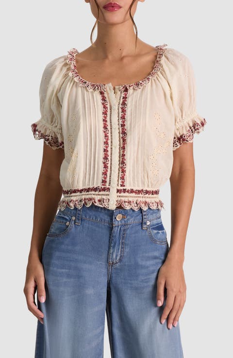 McLaine Embroidered Puff Sleeve Cropped Top