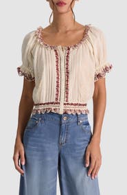 ALICE + OLIVIA McLaine Embroidered Puff Sleeve Cropped Top