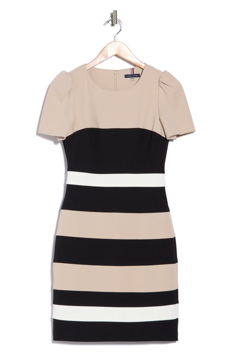 Short Sleeve Colorblock Sheath Dress, Alternate, color, KHAKI/ BLACK/ IVORY