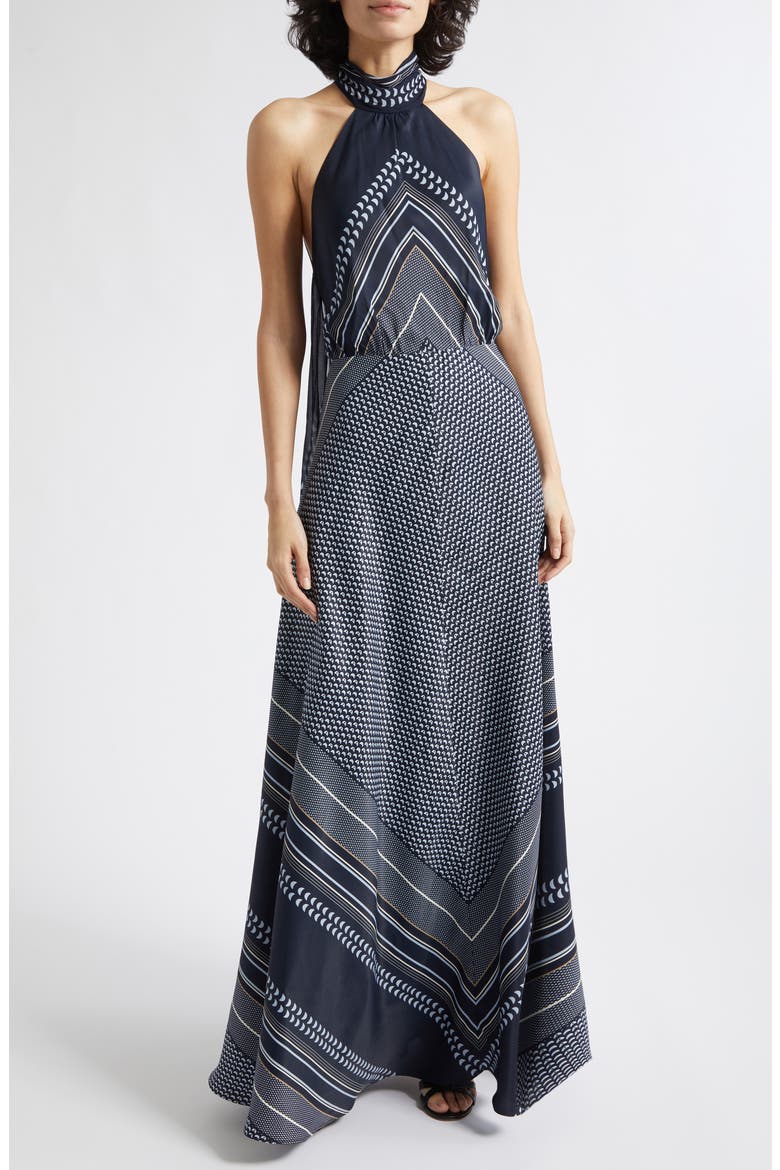 Skylar High Neck Scarf Print Maxi Dress, Alternate, color, NAVY