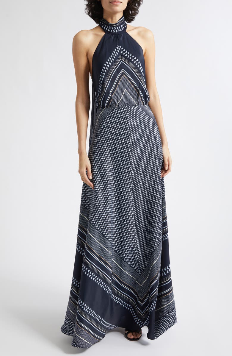 blue maxi dress with neck scarf Vintage Silk Maxi Dress with Neck Scarf – The Archive Project main image 1