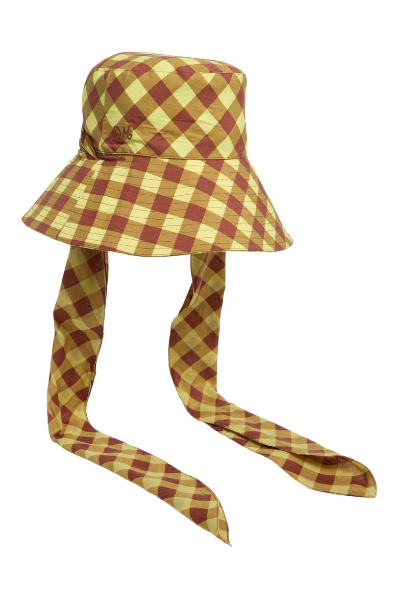 Gingham Check Organic Cotton Sun Hat with Ties, Main, color, BROWN MULTI