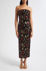 Ramy Brook Natalie Strapless Floral Sequin Midi Dress
