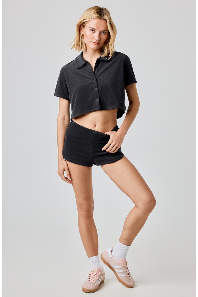Terry Cloth Crop Snap-Up Shirt, Alternate, color, BLACK