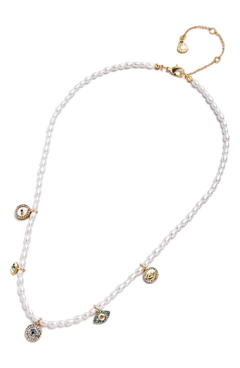 BaubleBar Evil Eye Faux Pearl Charm Necklace, Alternate, color, Cool Multi
