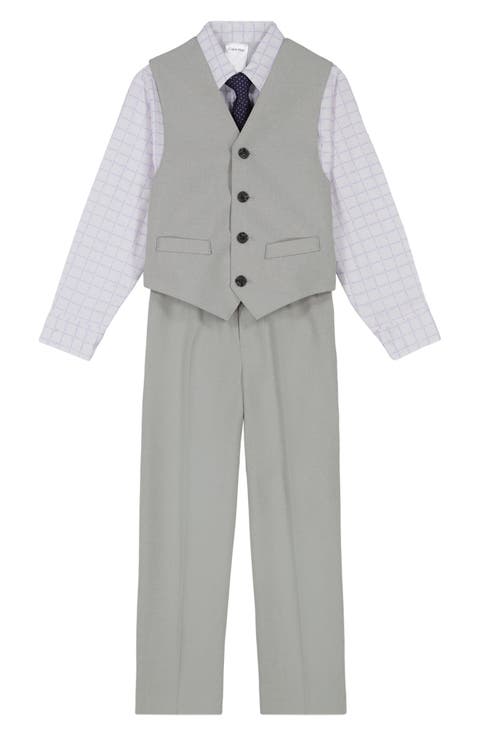 Kids' Grid Button-Up Shirt, Vest, Tie & Pants Set (Little Kid)