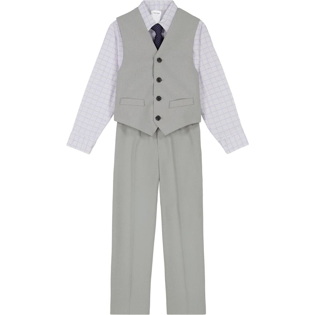 Calvin Klein Kids' Grid Button-up Shirt, Vest, Tie & Pants Set In 051 Moon Grey