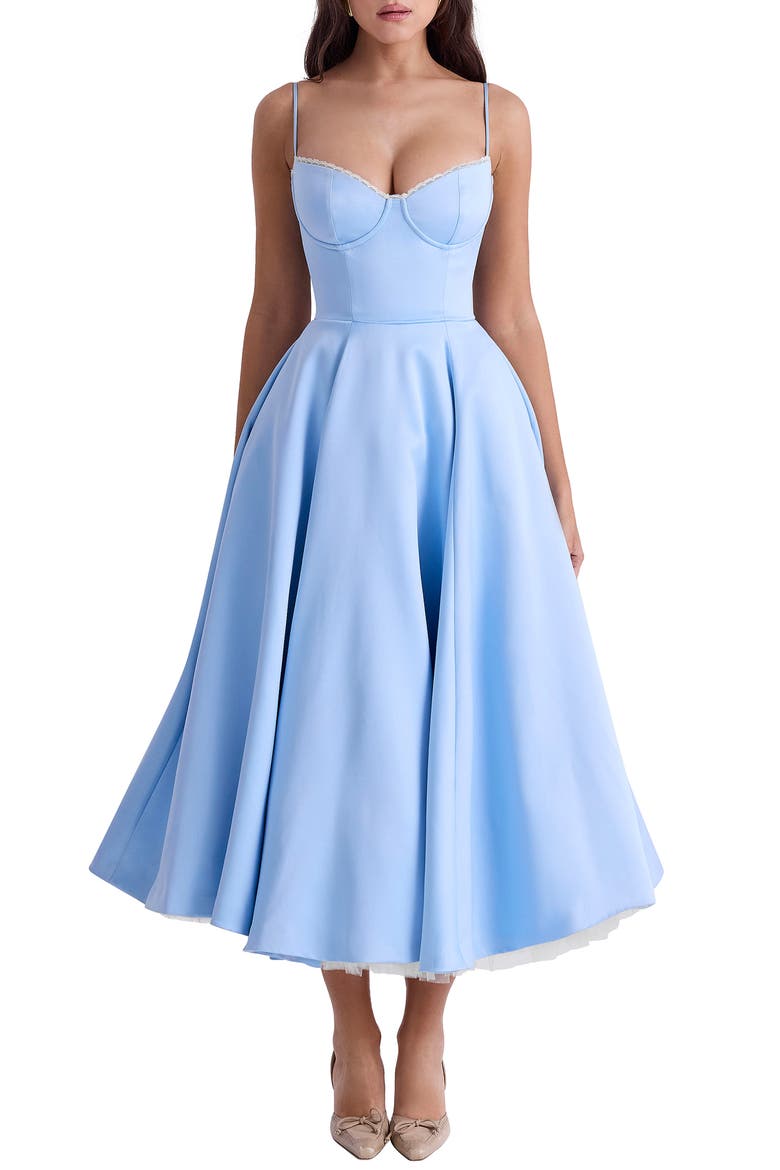 Mademoiselle Bustier Stretch Satin Midi Dress, Main, color, CINDERELLA BLUE