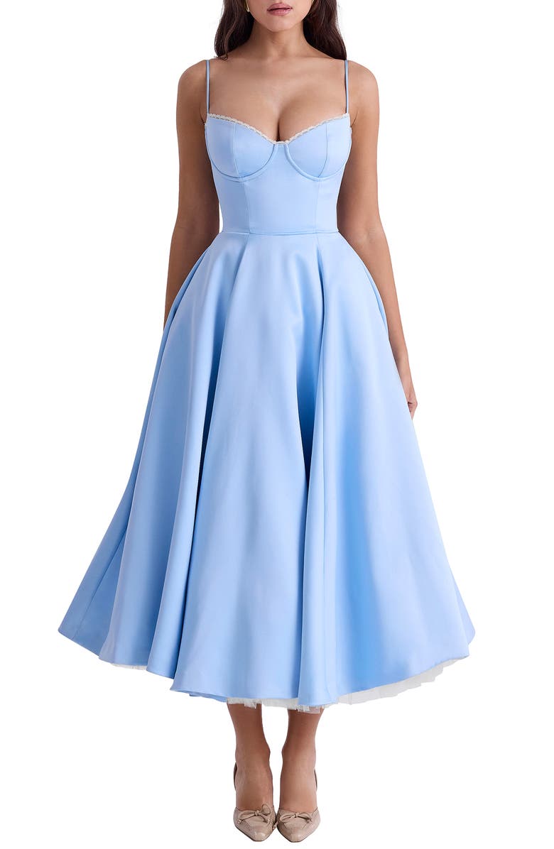 HOUSE OF CB Mademoiselle Bustier Stretch Satin Midi Dress, Main, color, Cinderella Blue