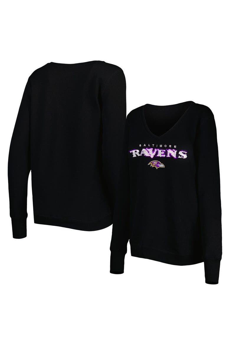 Women's Cuce Black Baltimore Ravens Sequin Logo V-Neck Pullover Sweatshirt, Main, color, Black