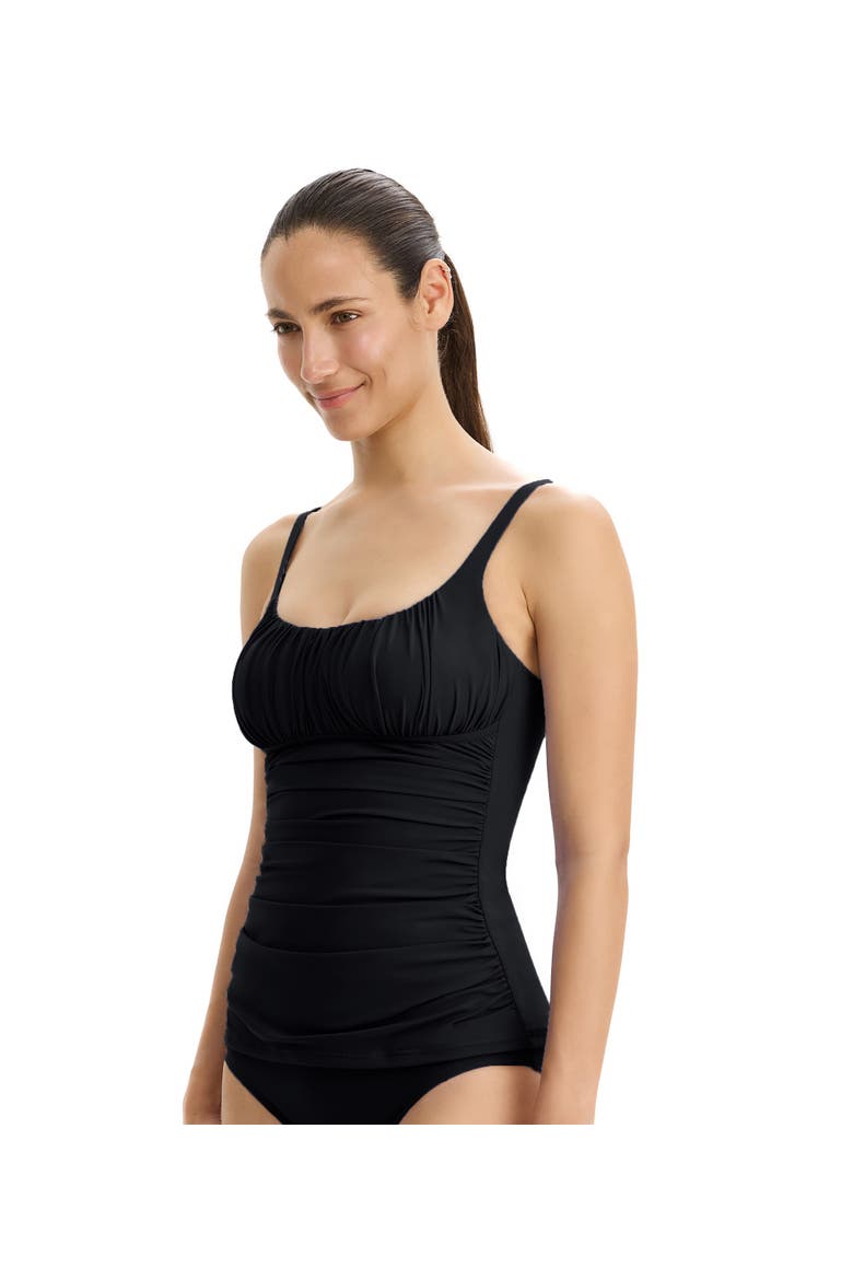 Tutti Frutti Shirred Peasant Tankini Top Swimsuit, Alternate, color, Black