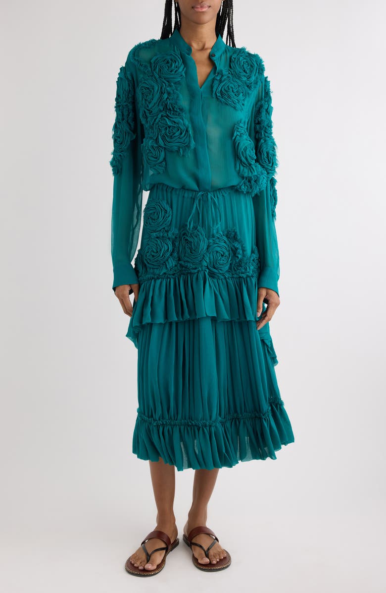Dries Van Noten Sammy Bis Flower Appliqué Midi Skirt, Alternate, color, Petrol