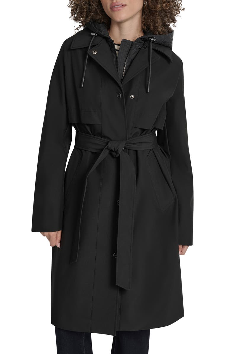 DKNY Softshell Hooded Trench Coat, Main, color, Black
