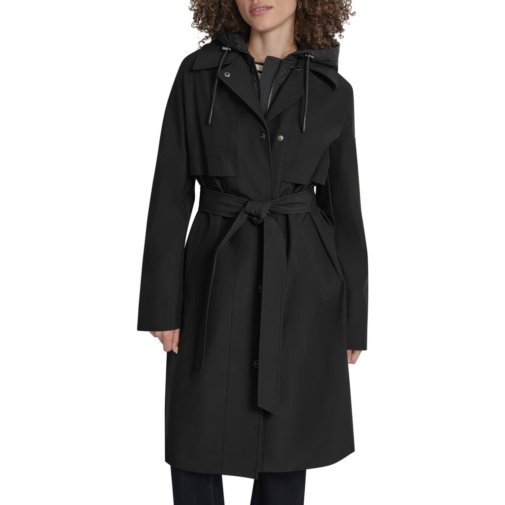 Dkny Softshell Hooded Trench Coat In Black