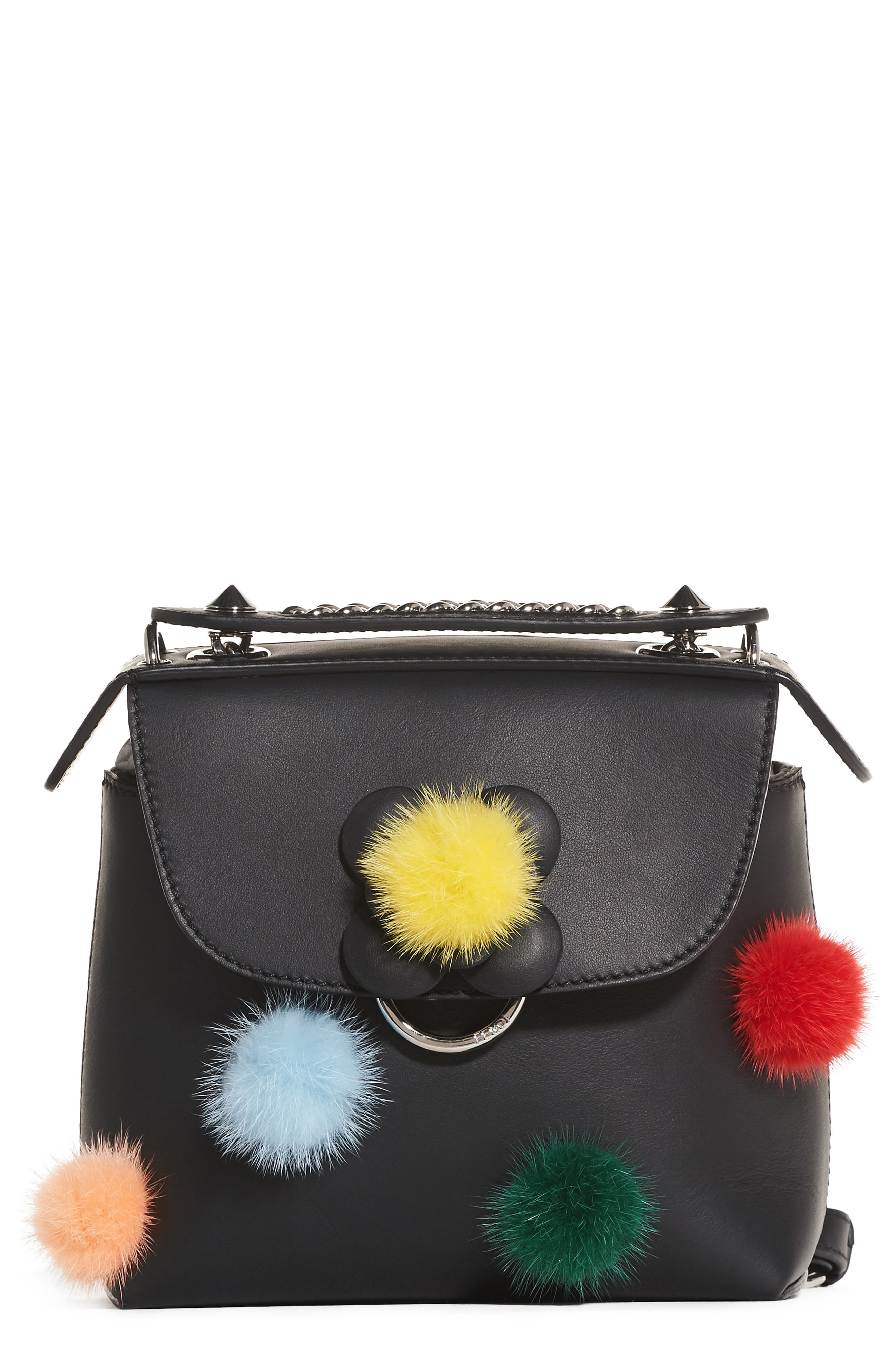 Fendi Mini Back to School Genuine Mink Fur Pompom Leather Shoulder Bag, Main, color, 