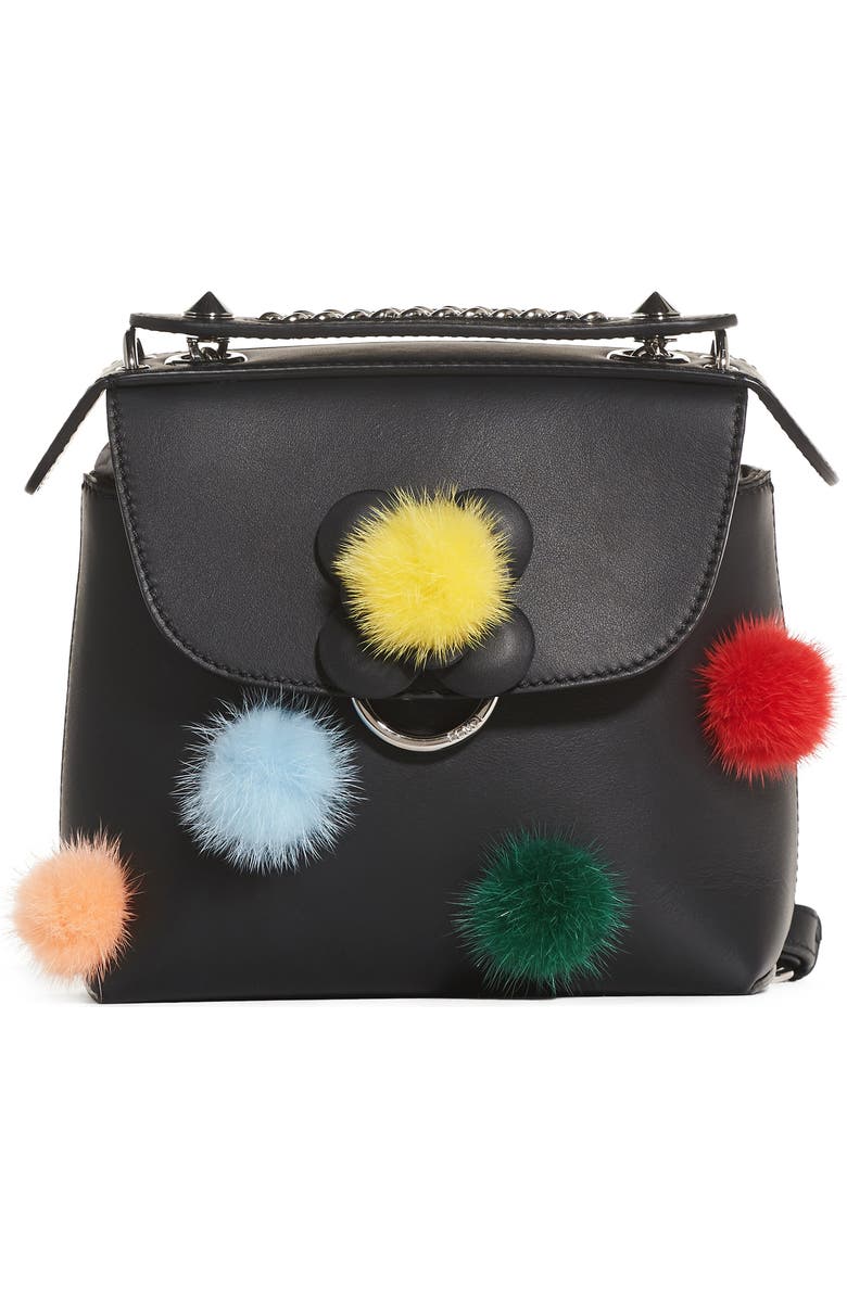 Fendi Mini Back to School Genuine Mink Fur Pompom Leather Shoulder Bag, Main, color,
