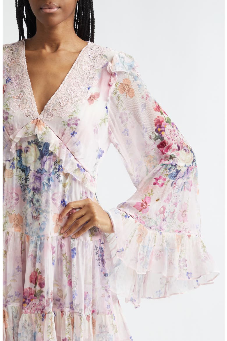 Floral Long Sleeve Silk Chiffon Tiered Minidress, Alternate, color, PALATIAL PASTELS
