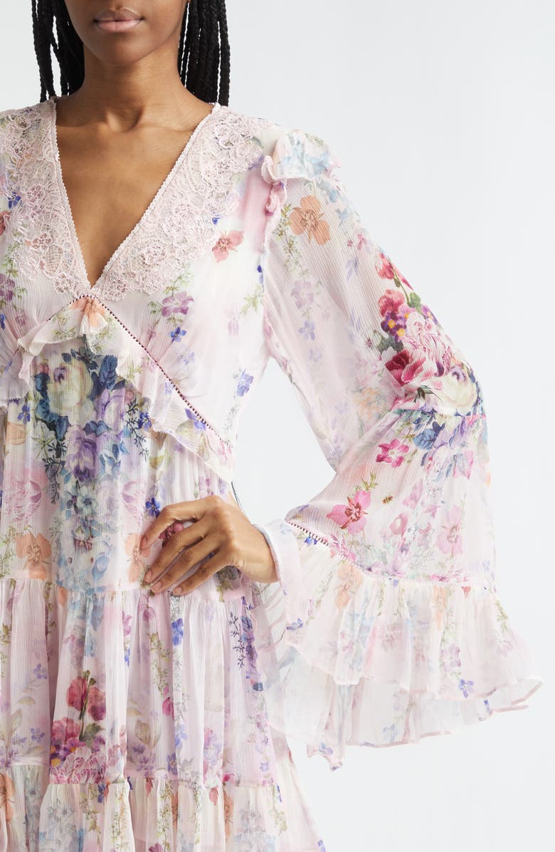 Camilla Floral Long Sleeve Silk Chiffon Tiered Minidress, Alternate, color, Palatial Pastels