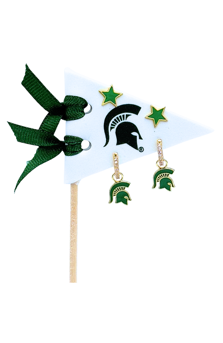 Color Shout Michigan State University Pennant Pair Earring Set, Main, color, Yellow Gold