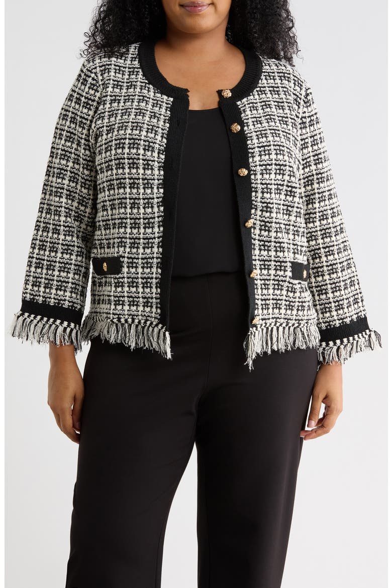 Tweed Fringe Cardigan, Main, color, BLACK/ CREAM